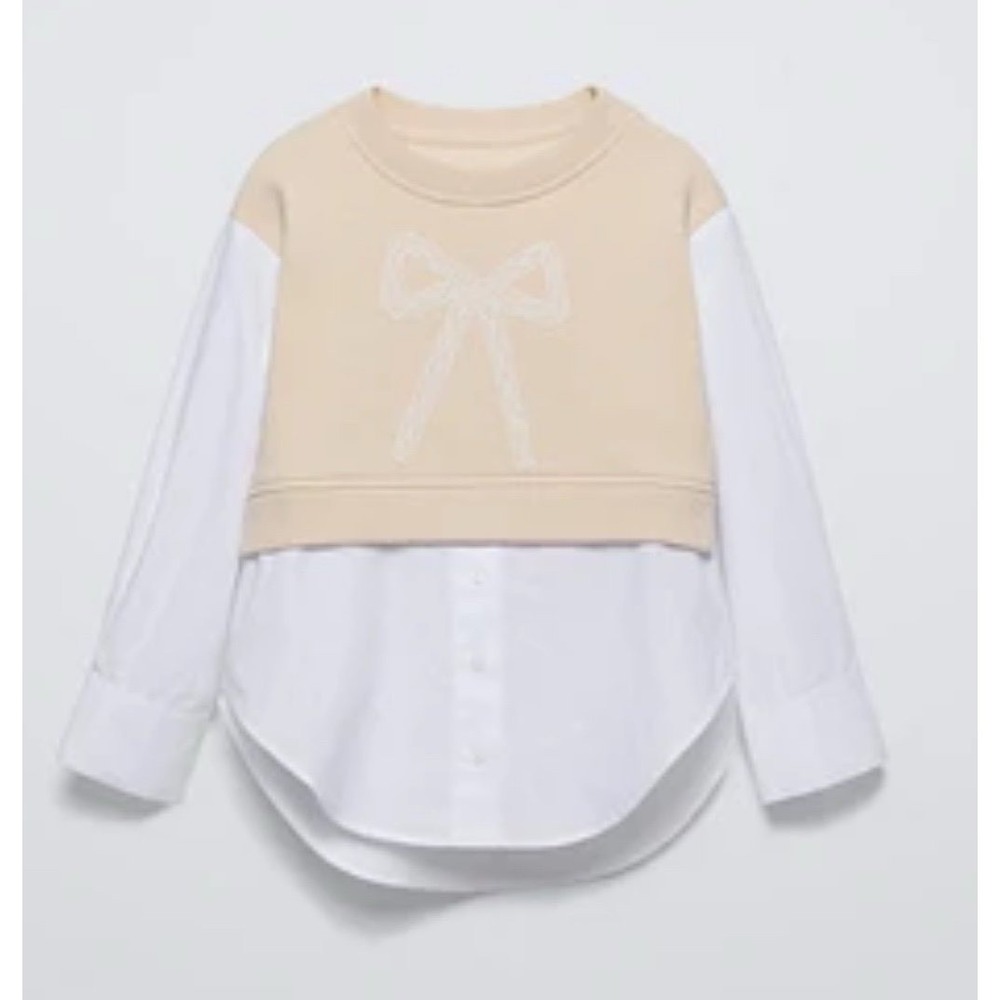 Kids Beige Bow Sweatshirt Layered White Button Down Shirt Top sz‎ 13-14